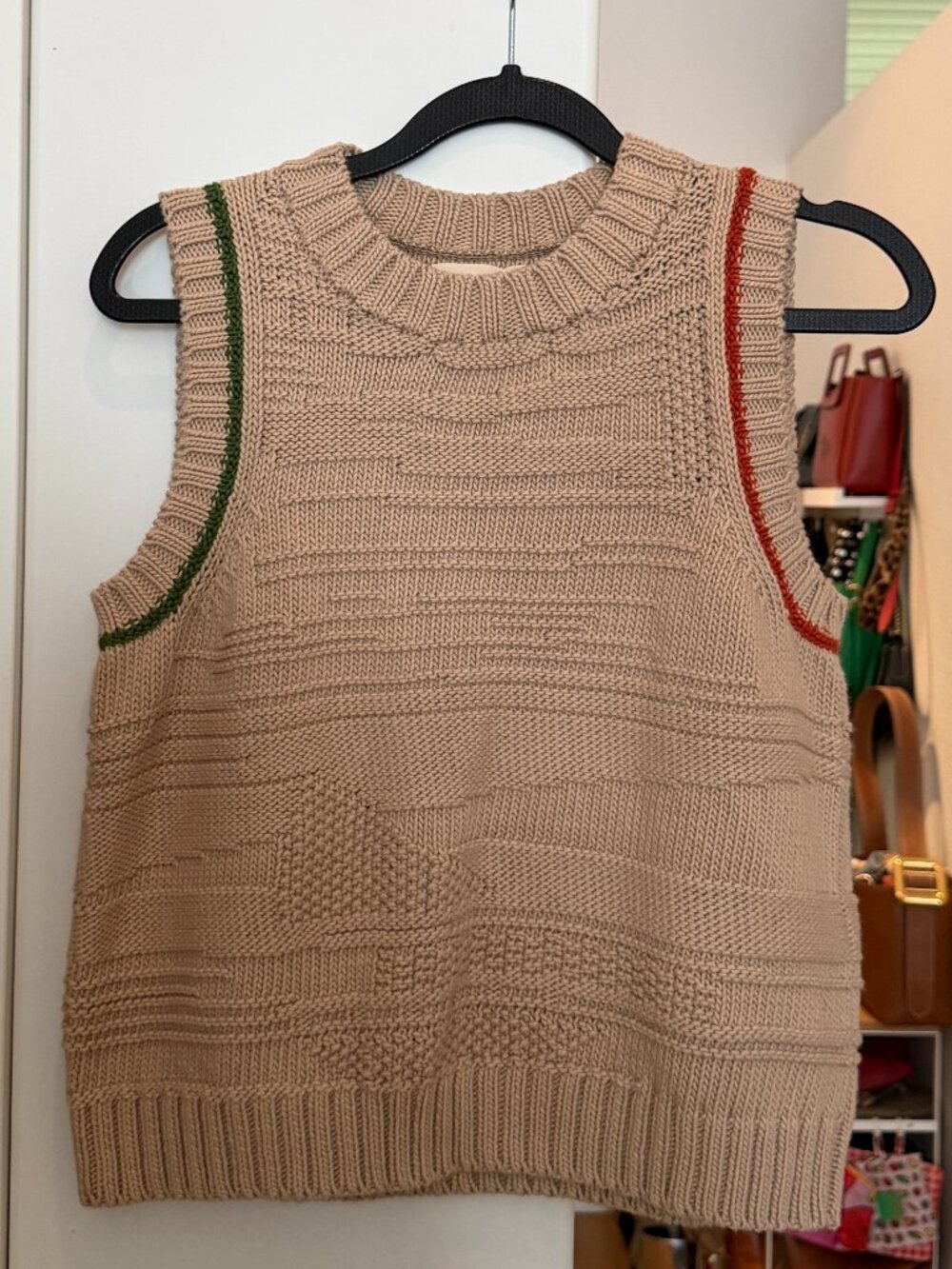 The Endery Knit Vest Oatmeal with Red and Green Piping Size XS/S